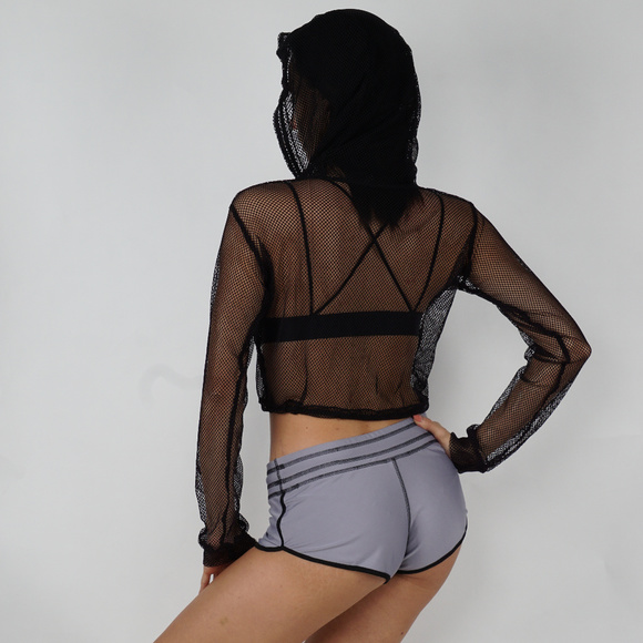 Sheer Mesh Crop Top Hoodie longs sleeves - Picture 2 of 5